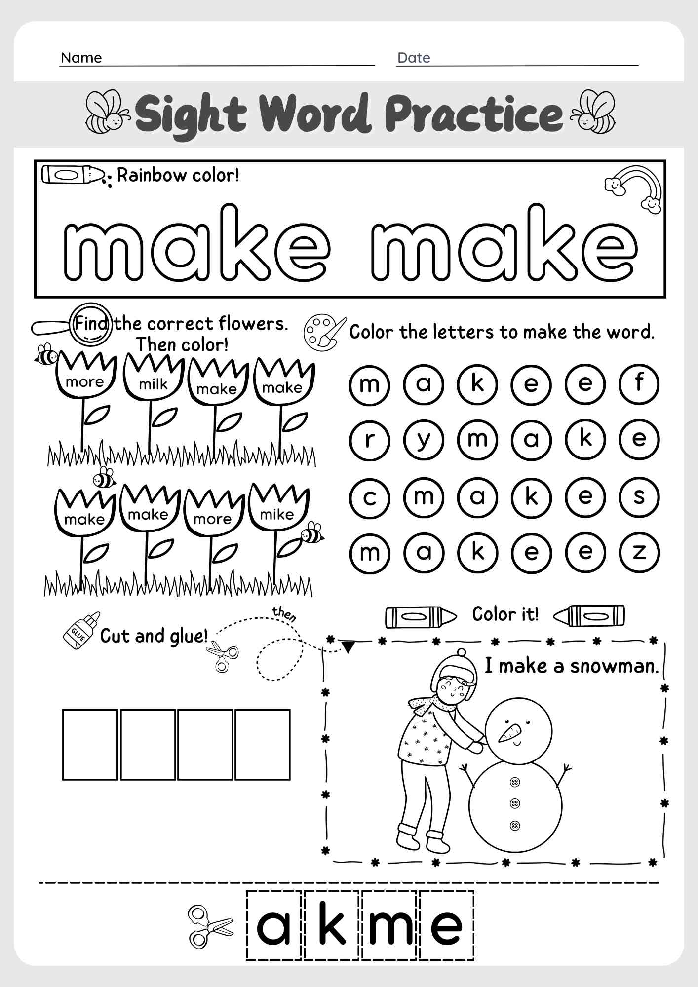 Dolch Sight Word Make Worksheet For Pre Kindergarten Pdf Download Pre